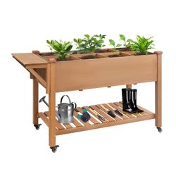 55.5x23x33in Mobile Elevated Wood Planter with Wheels