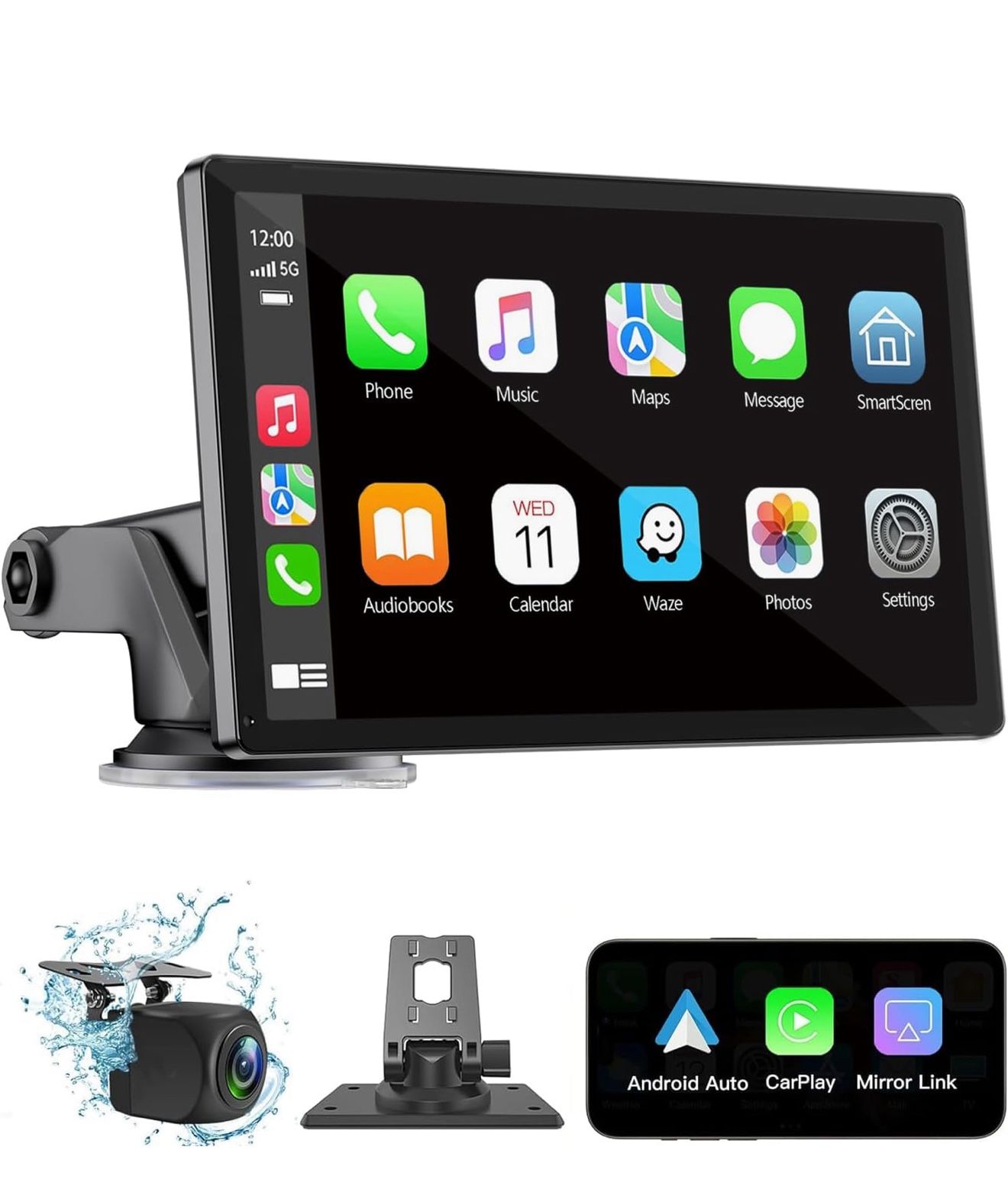 Wireless Carplay Screen for Car 7" HD Portable Car Stereo Touchscreen with Apple CarPlay and Android Auto with Mirror Link/Backup Camera/Bluetooth/GPS