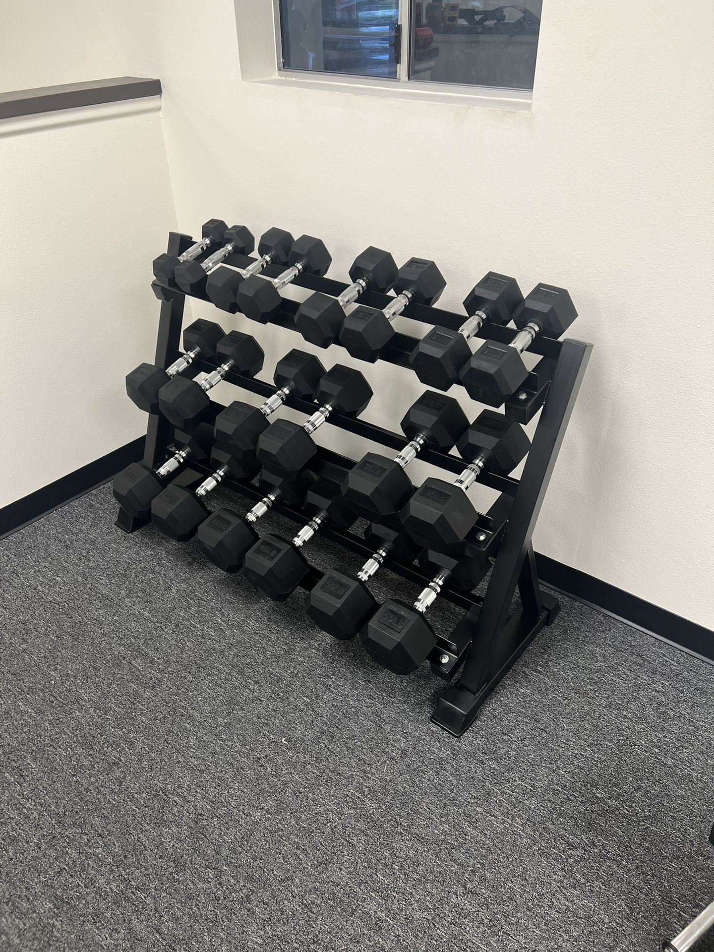 (New In Box) 5-50lb Rubber Hex Dumbbells With 3 Tier Dumbbell Rack Weights - Click On Out Profile For More Gym Equipment