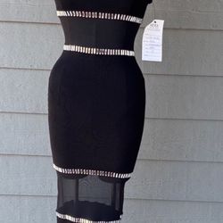 Black Midi Dress White Sheer Panels 