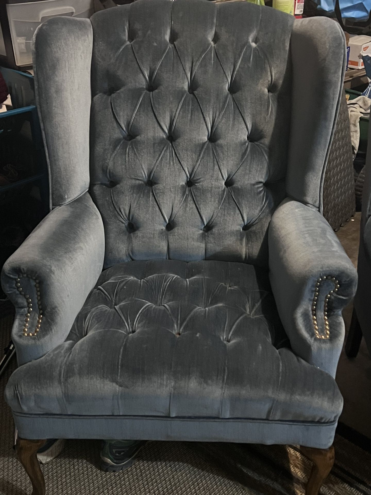 Holiday Deal: Two Beautiful Vintage Wingback Blue Velvet Chairs.