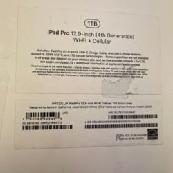 IPad Pro 12.9 4th Gen 1TB WIFI + CELLULAR Open Box Like New 