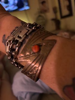 Wide Silver Cuff Bracelet with Red Stone