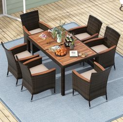 7pc Solid Wood Outdoor Patio Furniture Dining Table Set