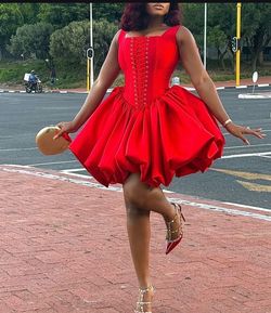 Elegant red ball-gown style party dress for homecoming; short and mini dresses with spaghetti straps—ideal for graduations, cocktail parties, birthday