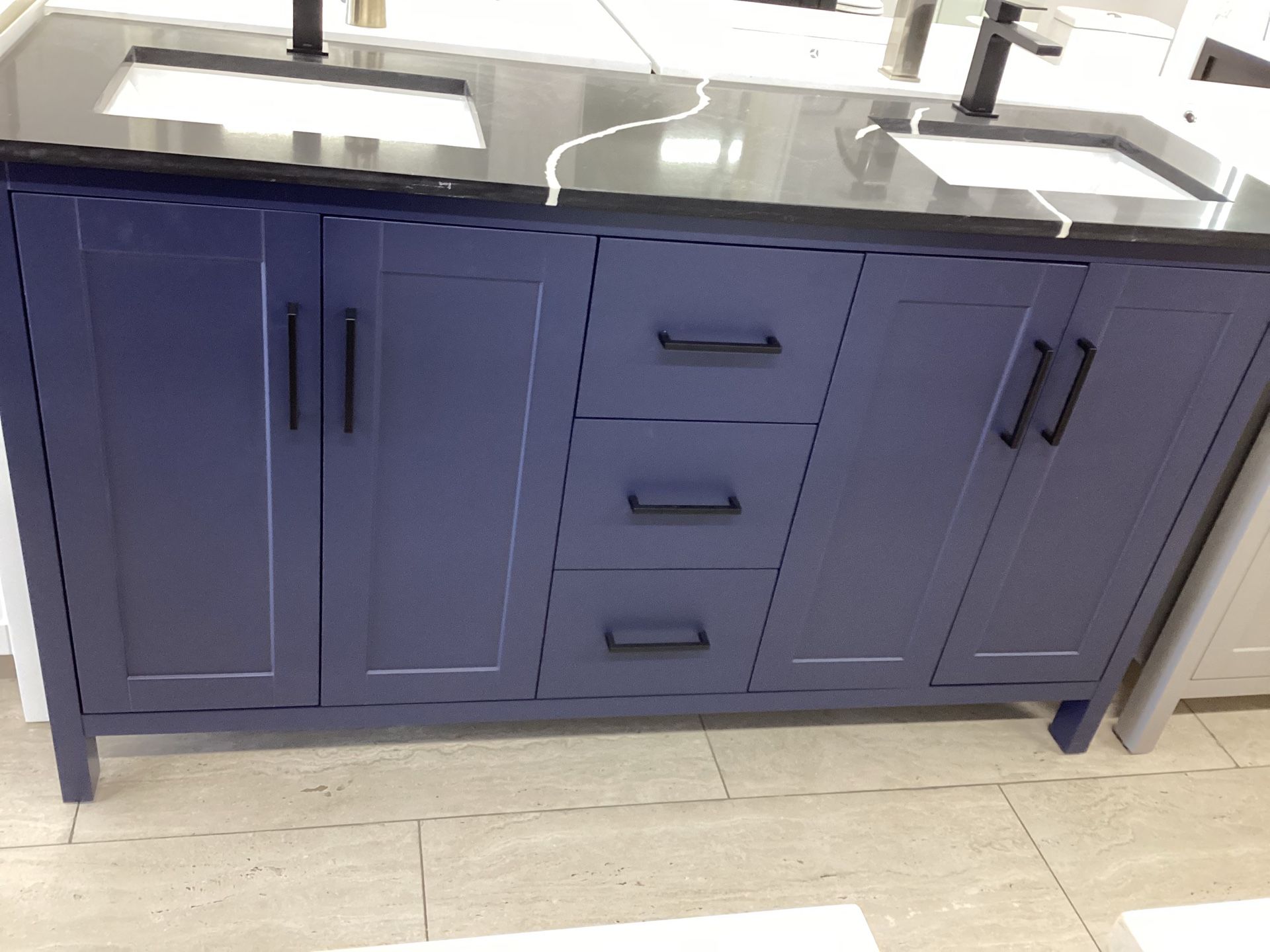 60” bathroom vanity cabinet new blue color with black Quartz top 2 sinks Softclose drawers doors ready for pick up today