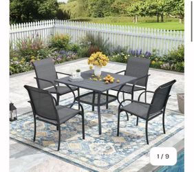 Vicllax 5 Pieces Outdoor Dining Set, 37.8" Square Metal Table and Stackable Sling Chairs
