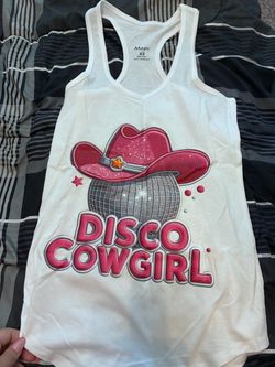 Disco Cowgirl Racerback Tank Top – White/Pink – XS