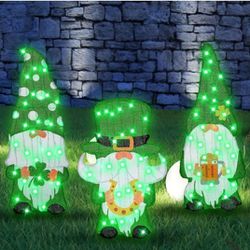 3 Pcs Large St. Patrick's Day Gnomes Lighted Yarn Sign Outdoor Tinsel 24 x 20 Inch 50 LED Cute Gnome Lights with Plug for Home Outdoor Indoor Holiday 