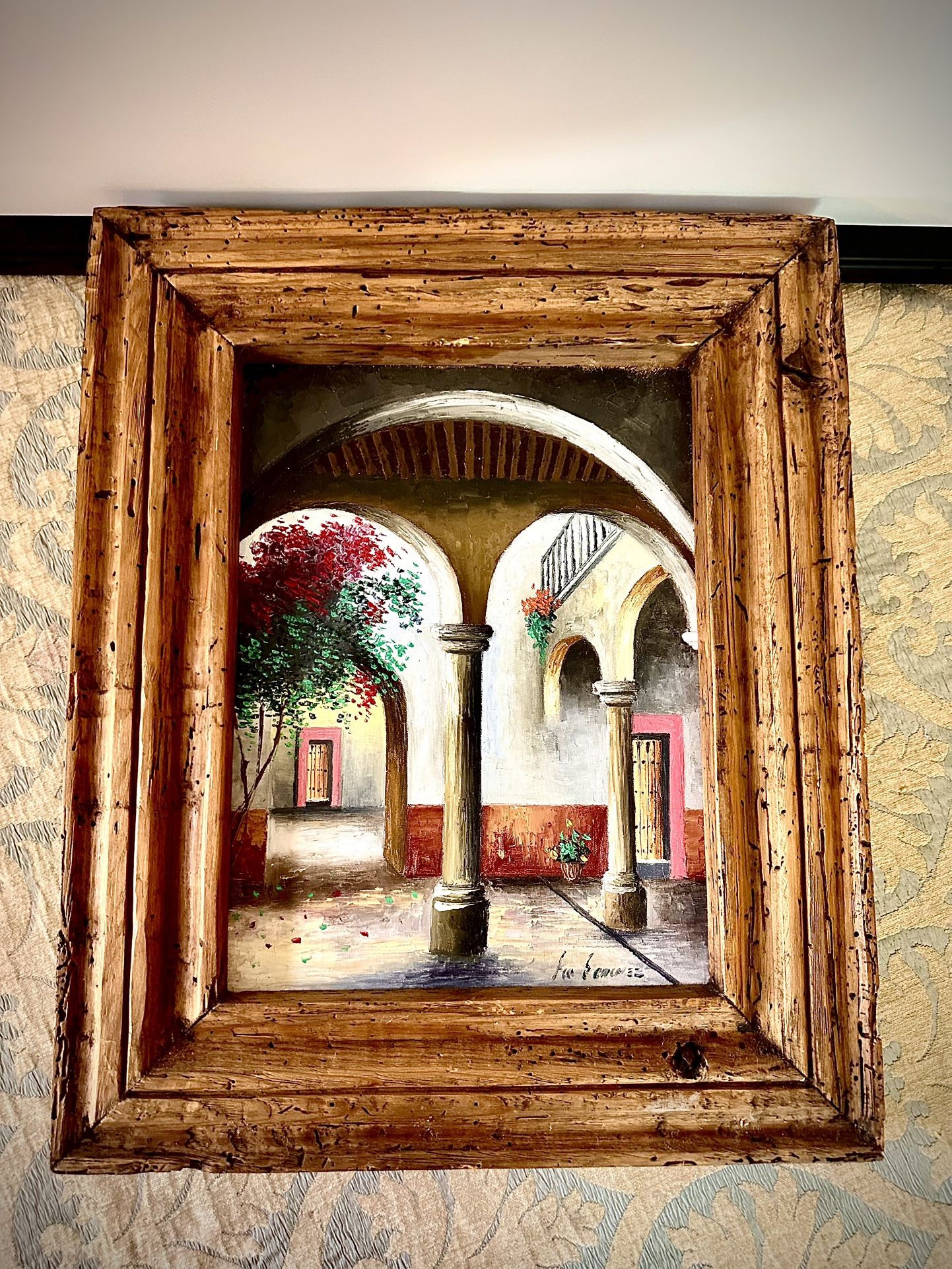 Beautiful original signed oil painting; H22xL18xD2 inch Lbs 5.6. This is a signed painting in a beautiful thick antique looking wood frame, in excelle