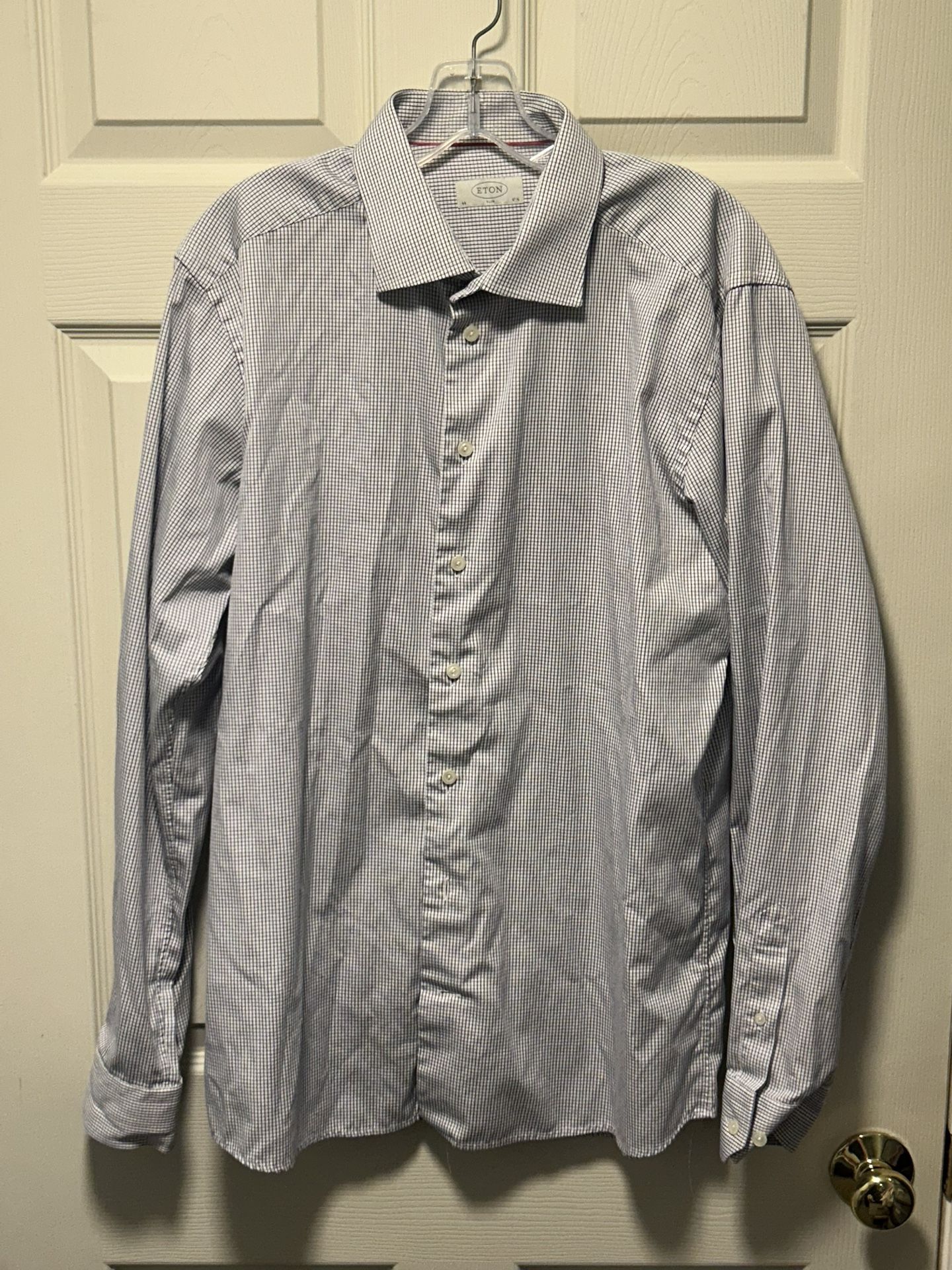 ETON Dress Shirt Mens Sz 17.5 Slim White Check Cotton Long Sleeve Spread Collar