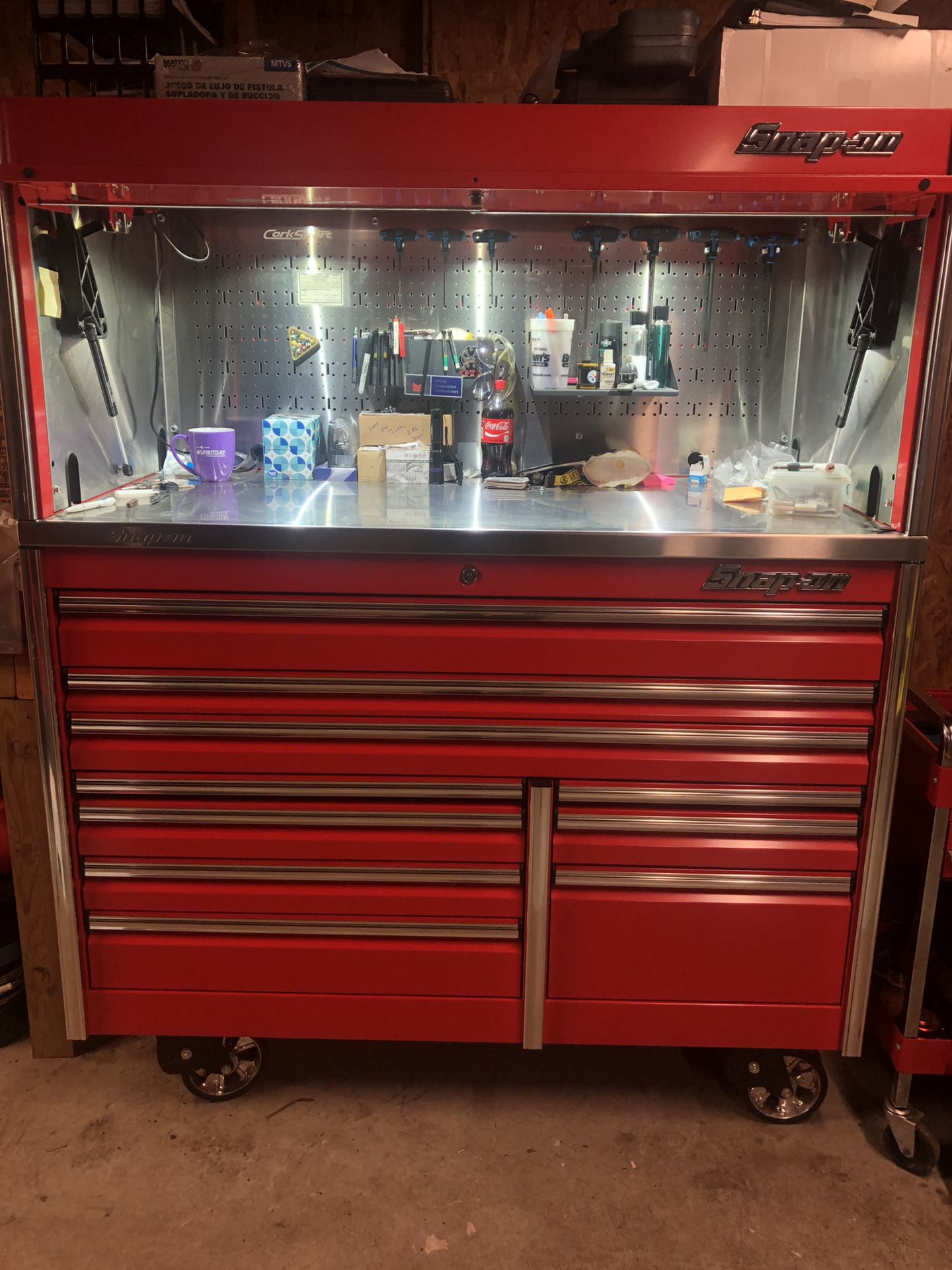 Snap on epiq series tool box with hutch and stainless steel top