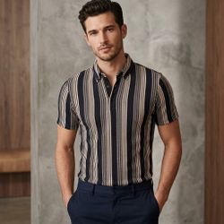 EXPRESS Mens Textured Striped Collared Polo Shirt Short Sleeve Black Beige Small