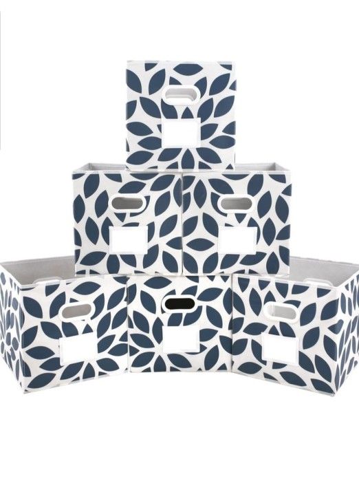 MAX Houser Fabric Storage Bins Cubes Baskets Containers with Dual Plastic Handles for Home Closet Bedroom Drawers Organizers, Flodable, Blue, Set of 6