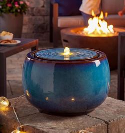 9-Inch Outdoor Water Fountain, Indoor Round Bubbler Water Feature with LED Light, Eastern Ceramic Waterfall Fountain, Classic Decor for Garden, Patio,