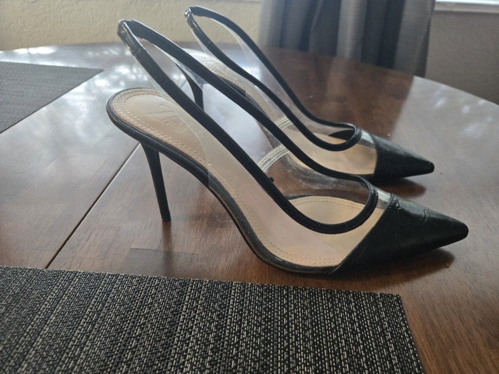 Zara New Black And Clear Elegant Stiletto Shoes Size US 9, EUR 39