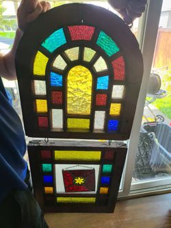 🌈 Large 3-Piece Art Glass Window Hanging – Wood Framed Architectural Panel – 41" Tall