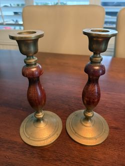 Mid Century Wood And Brass Candlestick’s 