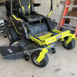 RYOBI 48V Brushless 54 in. 115 Ah Battery Electric Riding Zero Turn Mower brand new 1.5 hours of operation.  This unit is all electric and has been us