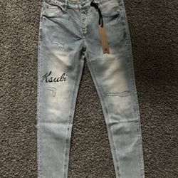 KSUBI Men's Light Blue Denim Jeans Logo Embroidered Distressed Skinny 5-Pocket