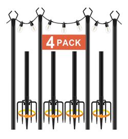 10Ft String Light Poles 4 Pack,Light Poles for Outside Lights,Outdoor with Fence Brackets Hanging Lights,Metal Stand Deck Patio Backyard