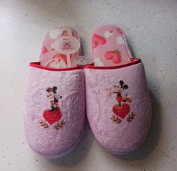 NEW DISNEY STORE MICKEY & MINNIE MOUSE CUPID PINK HEART FUZZY SLIPPERS SIZE LARGE
