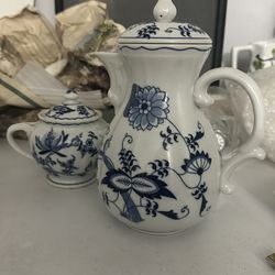 Vintage Blue Danube "Blue Onion" Mini 7-1/2” Tall Teapot/Coffee Pot and Sugar Bowl