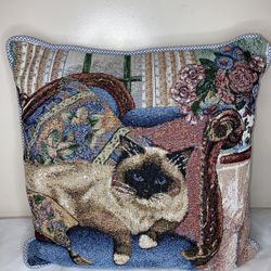 Vintage Cat Tapestry Piped Pillow Back 17”x17”