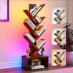 6 Tier Tree Bookshelf with Lights, LED Book Tree Bookcase
Rustic Brown with Storage Organizer, Small