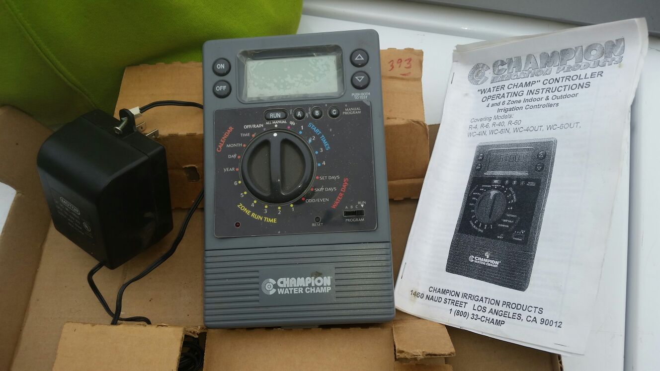 "Water Champ" 4 and 6 zone indoor and outdoor irrigation controllers