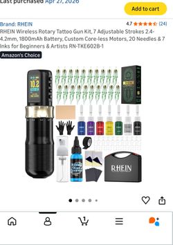 RHEIN Wireless Rotary Tattoo Gun Kit, 7 Adjustable Strokes 2.4-4.2mm, 1800mAh Battery, Custom Core-less Motors, 20 Needles & 7 Inks for Beginners & Ar