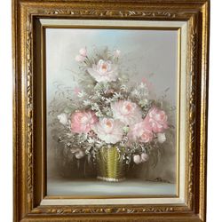Oil Painting Pink Flowers In Green Vase Signed Rossco