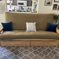 Queen Sized Oak Futon With Storage And Side Tables
