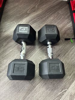 Two 35 lb dumbbells  and A Dip bar