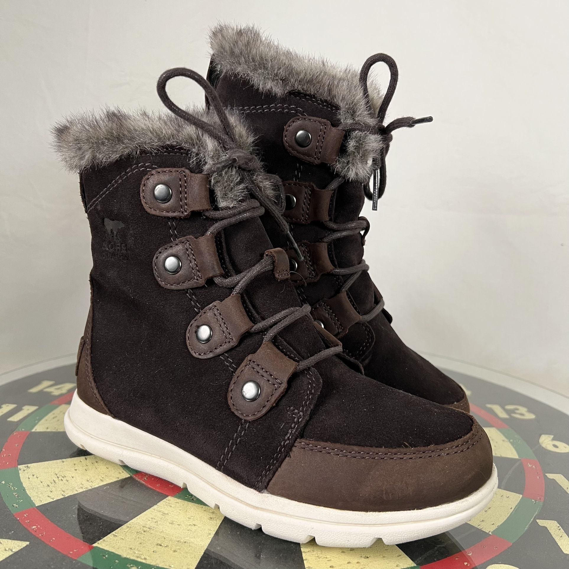 Sorel Boots Explorer Joan NL3039-205 Brown Leather Suede Faux Fur Women’s Size 6