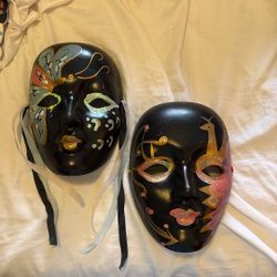 Two HANDPAINTED Mardi Gras Porcelain Masks