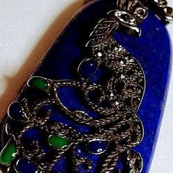LAPIS LAZULI /MARCASITE- MASSIVE AND ORNATE *(PEACOCK)* PENDANT STERLING 18"CHAIN./(NC-21446)