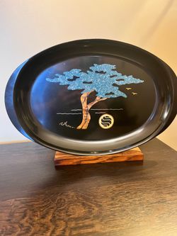 Vintage COUROC Monterey Cypress Inlaid Tray Signed MCM Black Lacquer