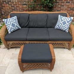 Outdoor Wicker Sofa & 2 Matching Chairs + Ottoman