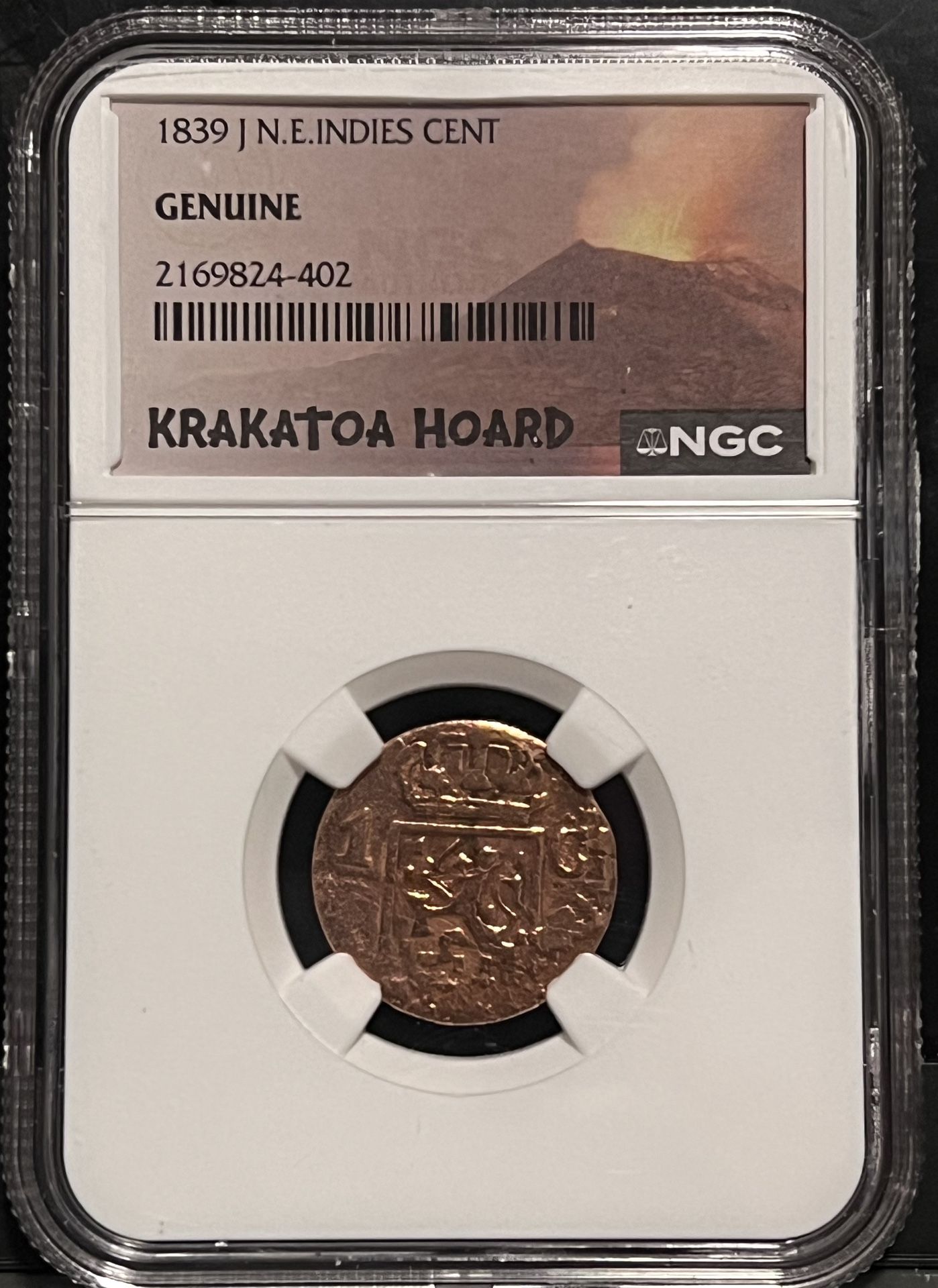 1839 J Netherlands East Indies Cent, Sumatra Island • Utrecht Mint • Dutch Colonial Copper Coin • Krakatoa Volcano Hoard Label • NGC Genuine