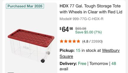 77 Gal. Tough Storage Tote with Wheels in Clear with Red Lid