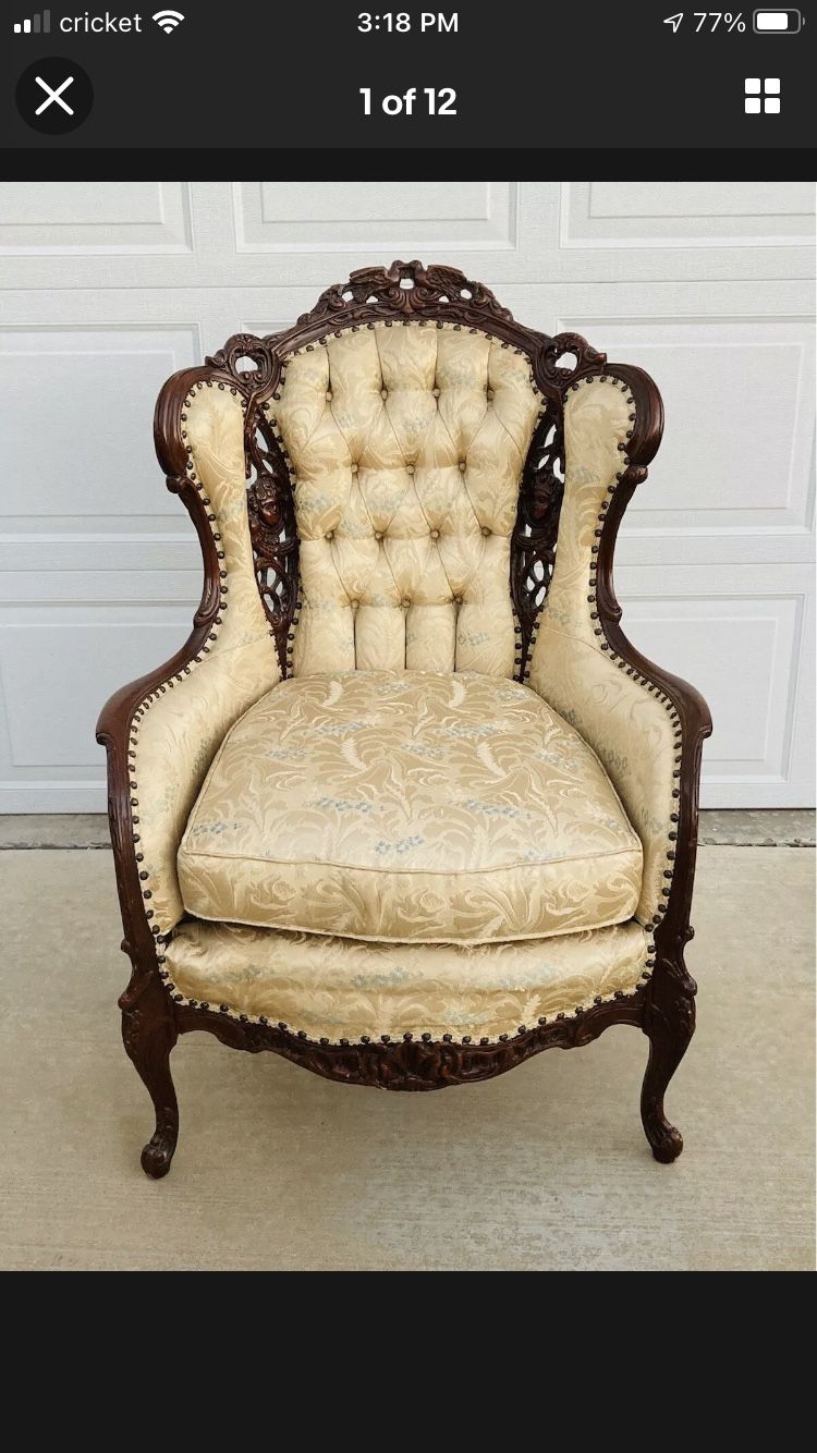 Victorian Style Carved Wood Claw Foot Chair Brocade Tuffted WingBack Ornate Asia