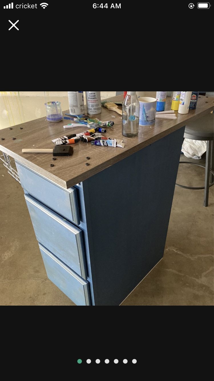 Denim Blue Cabinets With Drawers Grey Top, Comes With Metal Hanging Baskets, Like New IKEA Shelves One Is Still In Box, Metal And Wood Organizer Stand