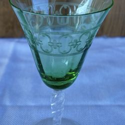 vintage Fostoria Beverly Claret Wine Glass featuring a green bowl with an etched pattern and a twisted stem