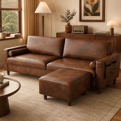 New Neche 100" PU Faux Leather Couch with Movable Ottoman, Large 2 Seater L Shaped Leather Sectional Sofa with Side Pocket, Comfy Mid Century Modern M