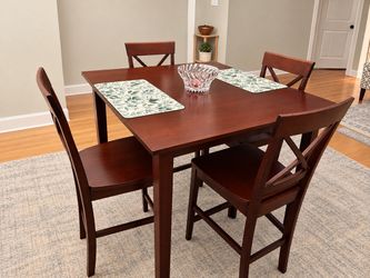 **Wooden Dining Table with 4 Matching Chairs – Dark Cherry Finish**