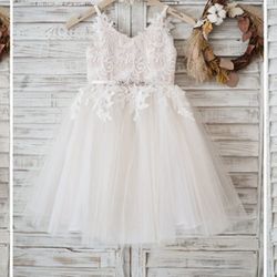 Champagne with  White Lace Flower Girl Dress