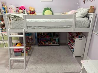 White Twin Low Loft Bed with Slide