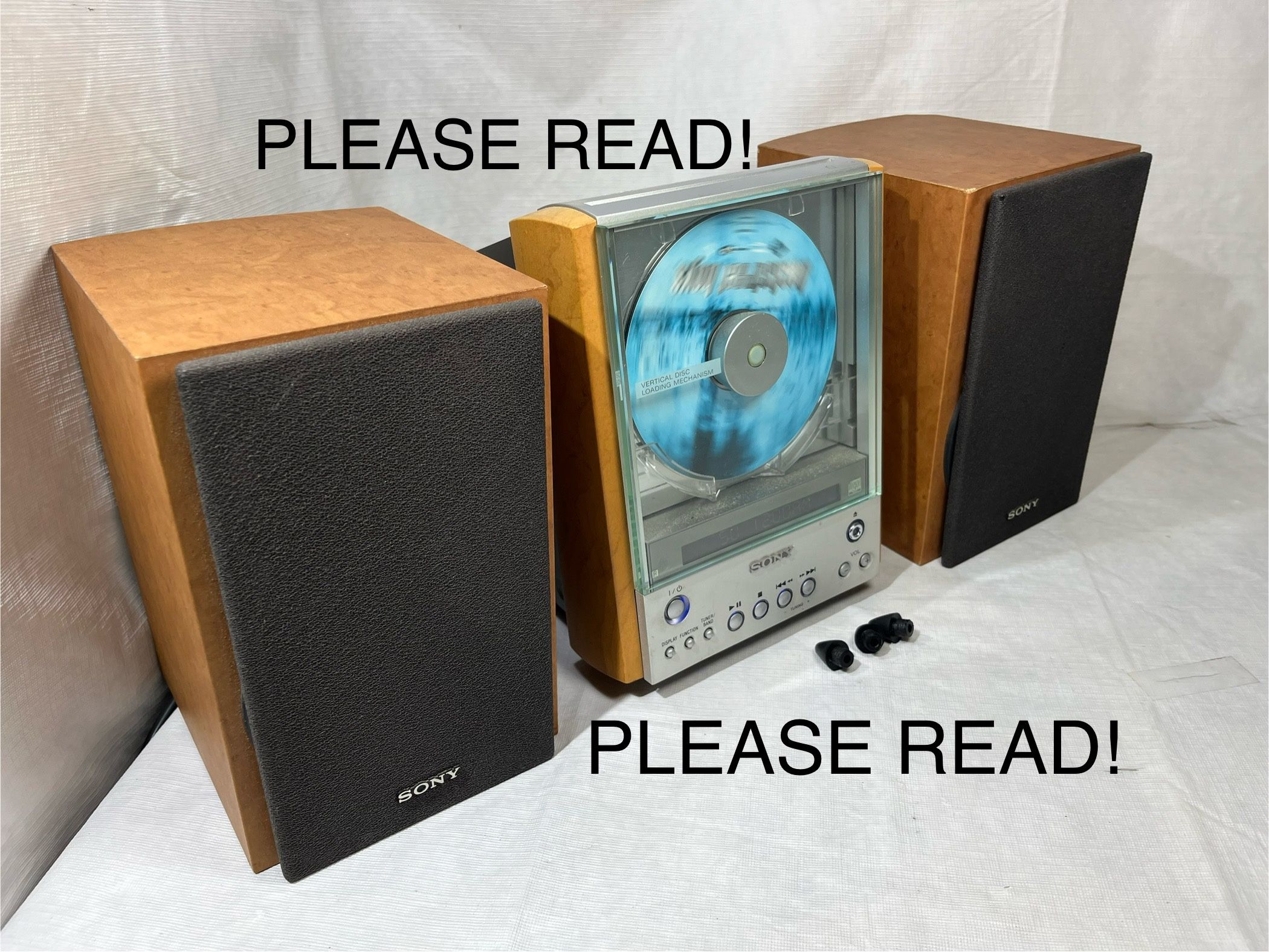 Retro Vintage Sony HCD-EX1 CD Player AM/FM Radio Antenna Compact Component System Vertical Disc Loading Mechanism Stereo Receiver Bookshelf Speakers