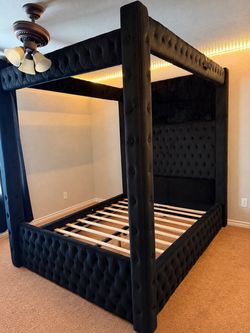 Queen Black Velvet Tufted Four-Poster Canopy Bed Frame